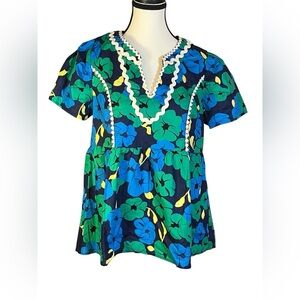 Umgee Floral Top Blue Green Ric Rac Trim Cotton Women’s Size M NWT Grannycore